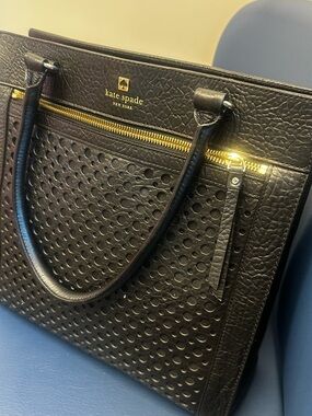 kate spade Black Perforated Leather Satchel with Gold Zip